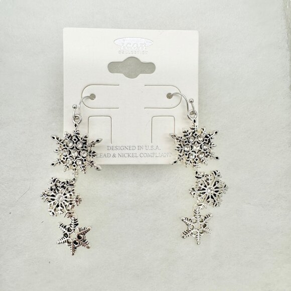 Snowflake Jewelry Set Earrings and Bracelet Icon Collection Silver Tone Winter - Picture 2 of 8